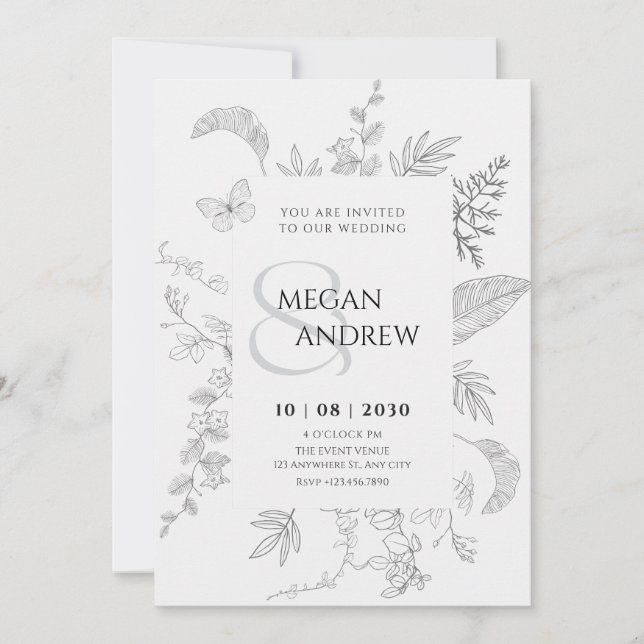 Vintage grey floral wedding invitation (Front)