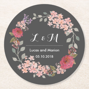 Vintage Grey Floral Wreath Monogram Wedding Party Round Paper Coaster