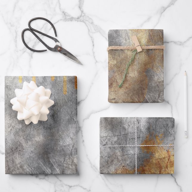 Vintage Grey Gold Foil Grunge  Wrapping Paper Sheet (Front)