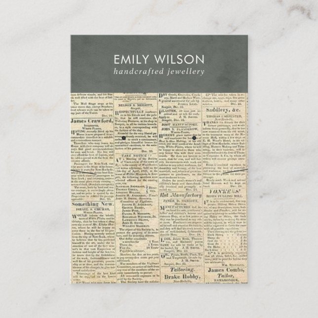 VINTAGE GREY NEWSPAPER NECKLACE EARRING DISPLAY BUSINESS CARD (Front)
