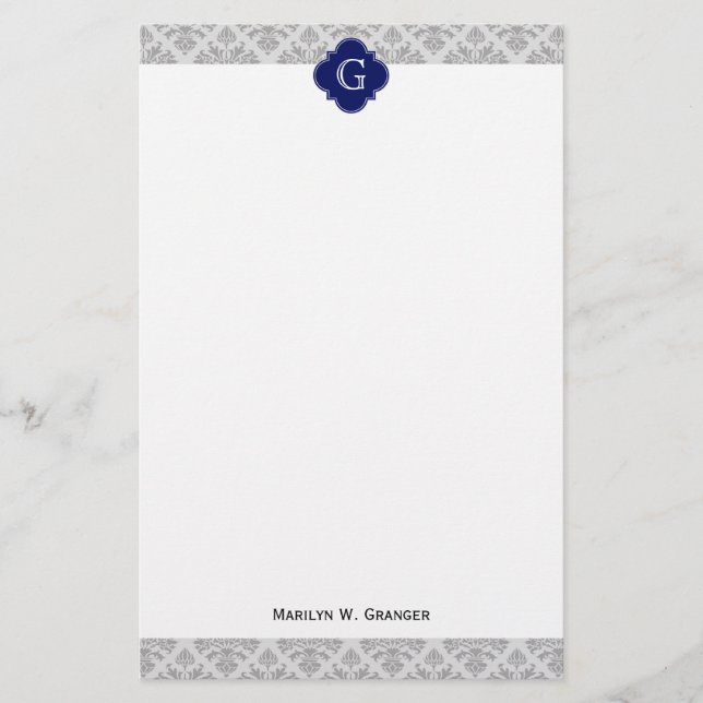 Vintage Grey on Grey Damask #3 Monogram Stationery (Front)