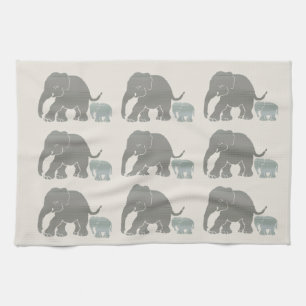 Vintage Grey on Ivory Graphic Elephant Print Tea Towel