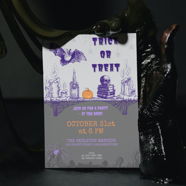 Vintage Grey Orange Purple Doodle Halloween Invitation (Creator Uploaded)