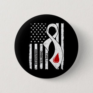 Vintage Grey Ribbon American Flag Type 1 Diabetes  6 Cm Round Badge