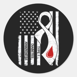 Vintage Grey Ribbon American Flag Type 1 Diabetes  Classic Round Sticker