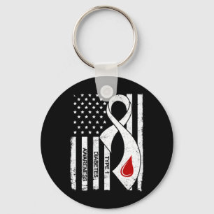 Vintage Grey Ribbon American Flag Type 1 Diabetes  Key Ring