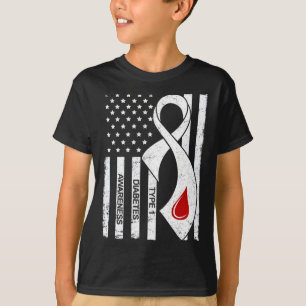 Vintage Grey Ribbon American Flag Type 1 Diabetes T-Shirt