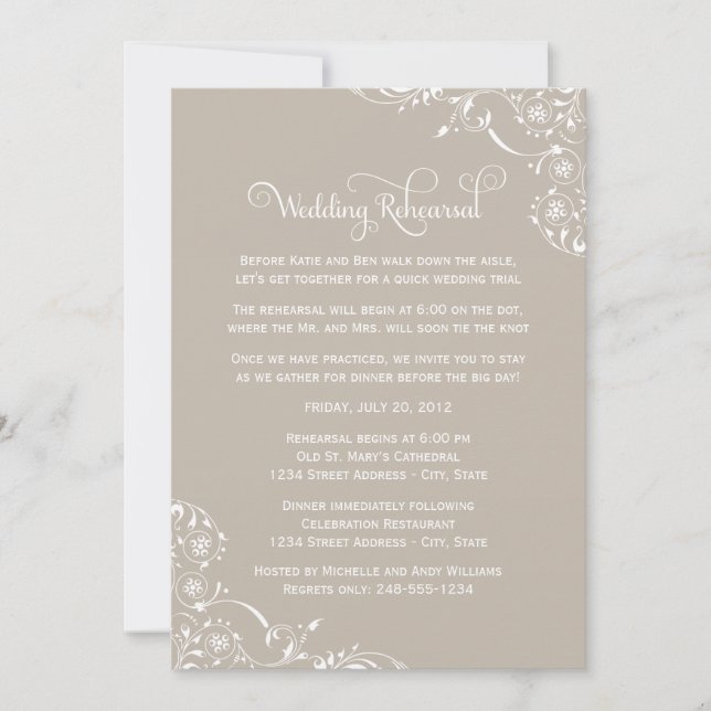 Vintage Grey Scrolls Wedding Rehearsal and Dinner Invitation (Front)
