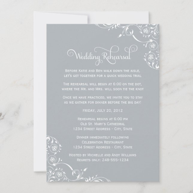 Vintage Grey Scrolls Wedding Rehearsal and Dinner Invitation (Front)