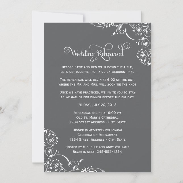 Vintage Grey Scrolls Wedding Rehearsal and Dinner Invitation (Front)