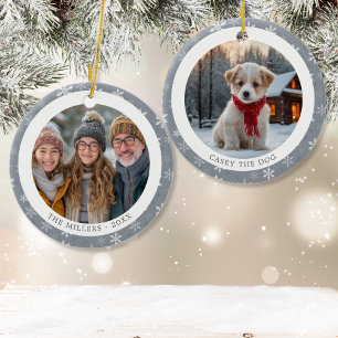 Vintage Grey Snowflakes Family Christmas 2 Photos Ceramic Tree Decoration