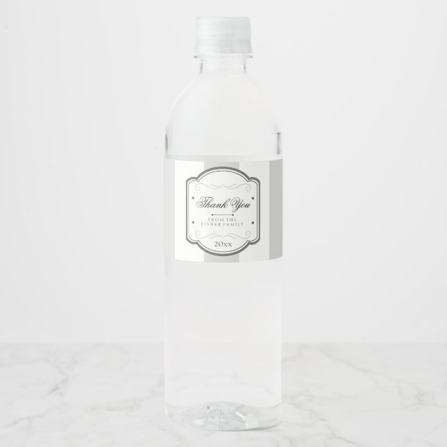 Vintage Grey Striped Water Bottle Label (Front)