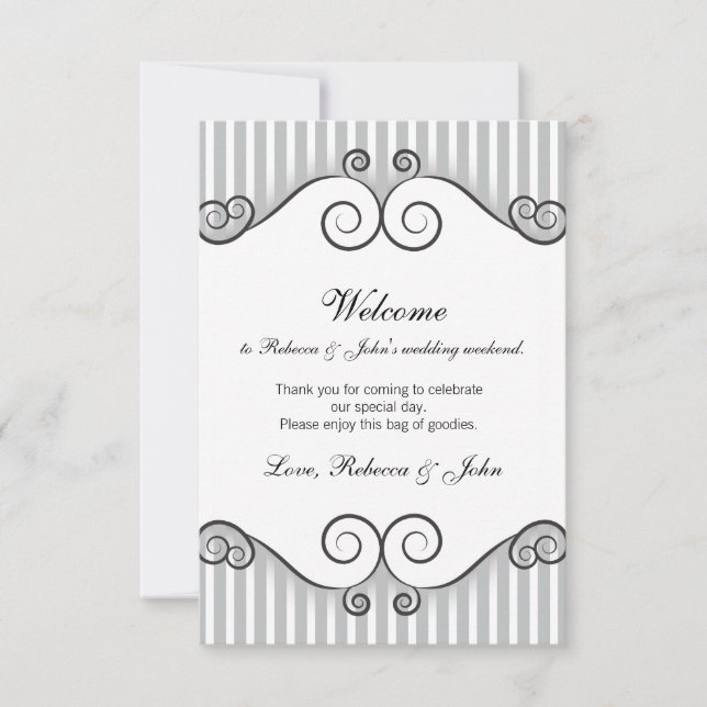 Vintage Grey Striped Wedding Welcome Card (Front)
