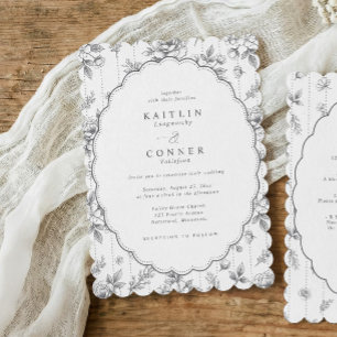 Vintage Grey Toile Victorian Floral Oval Wedding Invitation