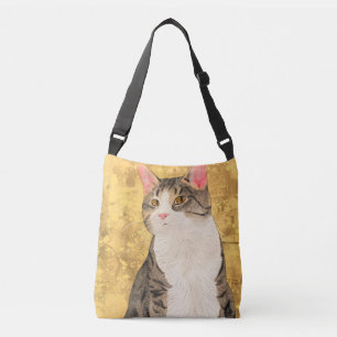 Vintage Grey White Cat Portrait Crossbody Bag