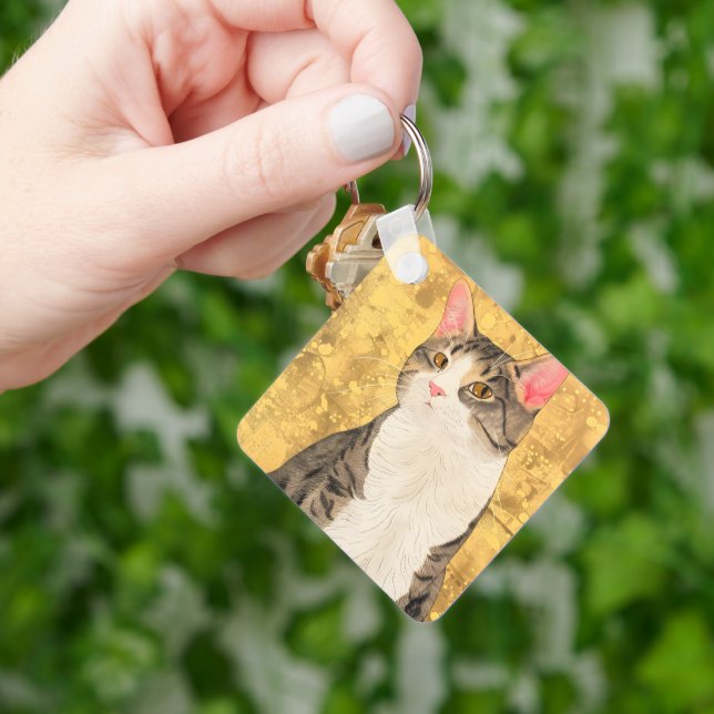 Vintage Grey White Cat Portrait Key Ring (Hand)