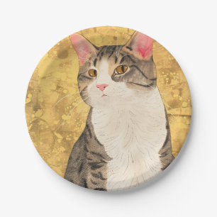Vintage Grey White Cat Portrait Paper Plate