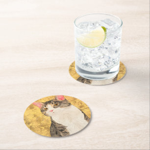 Vintage Grey White Cat Portrait Round Paper Coaster