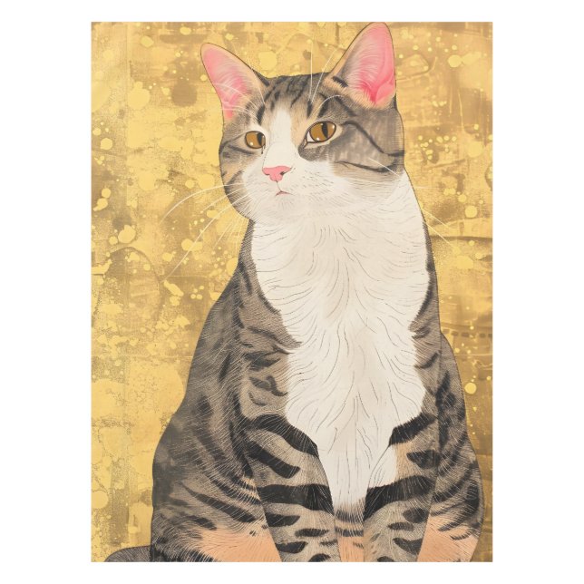 Vintage Grey White Cat Portrait Tablecloth (Front)