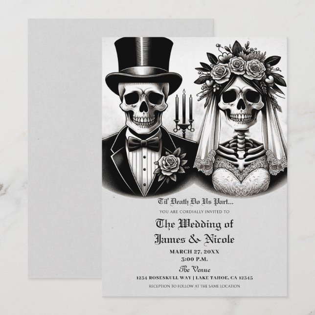 Vintage Grey White Skeleton Bride & Groom Wedding Invitation (Front/Back)