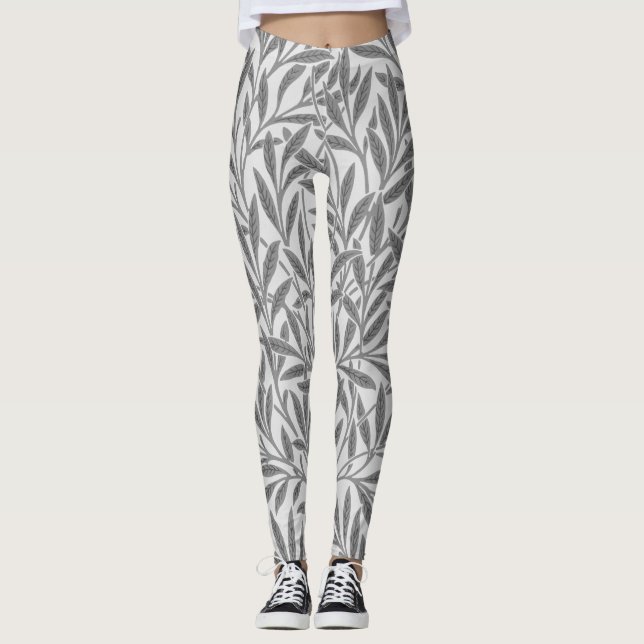 Vintage Grey White Willow Leaves Botanical Leggings (Front)