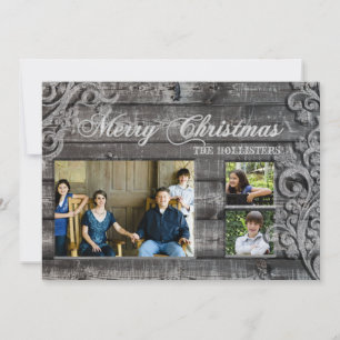Vintage Grey Wood Three Photo Holiday Card