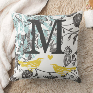 Vintage Grey Yellow Blue Lovebird Floral Monogram  Cushion