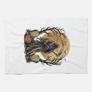 Vintage Grim Reaper Halloween Moon Vector Design_1 Tea Towel