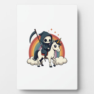 Vintage Grim Reaper Riding Unicorn Rainbow Cute Go Plaque