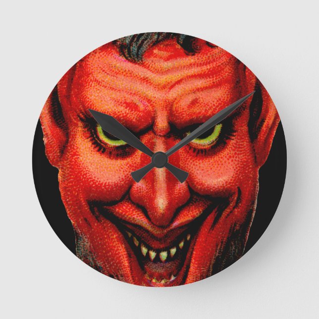 Vintage Grinning Krampus Round Clock (Front)