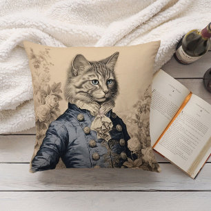 Vintage Grissaile Cat Gentleman Botanical Roses Cushion