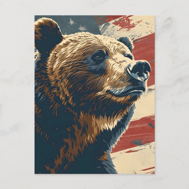 Vintage Grizzly American Flag Postcard (Front)