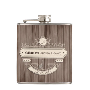 Vintage Groom Wedding Date Ornement Woody Flask