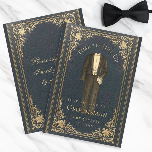Vintage Groomsman Proposal Blue Gold Suit Up Time  Invitation