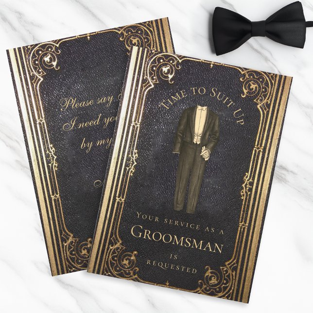 Vintage Groomsman Proposal Elegant Gold Black Suit Invitation (Creator Uploaded)