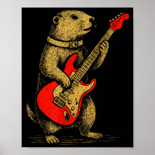 Vintage Groundhog Playing Guitar Funny Music Roden Poster
