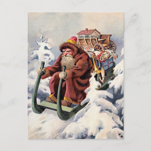 Vintage Grumpy Sledding Santa Christmas Postcard (Front)