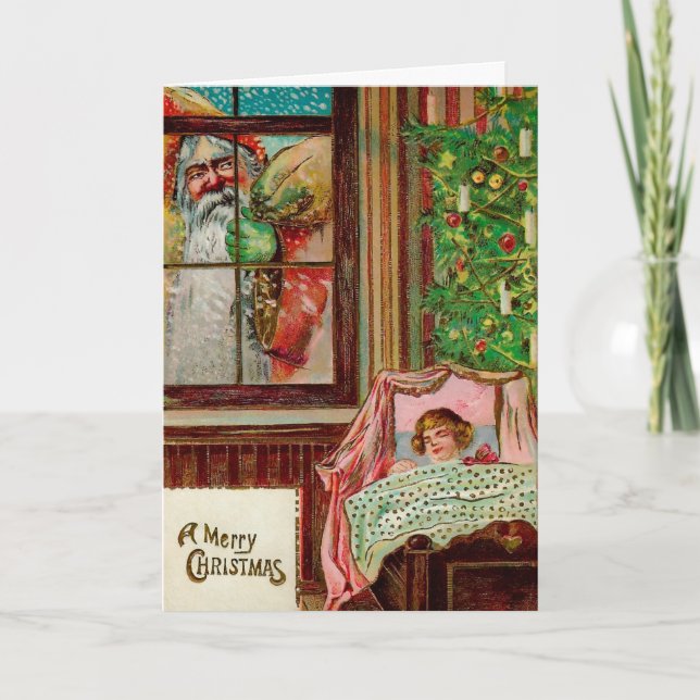 Vintage Grumpy Window Santa Holiday Card (Front)