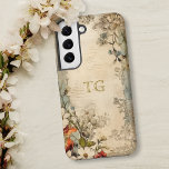 Vintage Grunge Artisan Botanical Monogram Samsung Galaxy Case<br><div class="desc">Artistic vintage style scarlet,  white and dusty blue flowers with sage and brown foliage on distressed artisan parchment with optional text field for your name or monogram.</div>