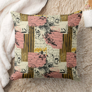Vintage Grunge Collage Magenta Mustard Black Cream Cushion