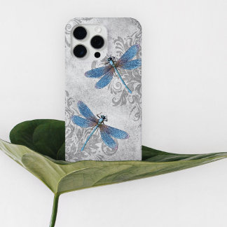 Vintage Grunge Damask Blue Dragonflies iPhone 15 Pro Max Case