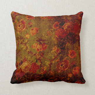 Vintage Grunge Floral Pillow-Red Flowers on Green Cushion