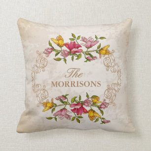 Vintage Grunge Floral Wreath Monogram Family Name Cushion