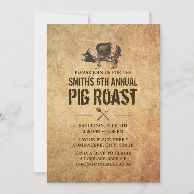 Vintage Grunge Pig Roast BBQ Party Invitations (Front)