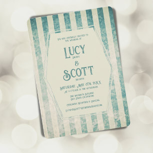 Vintage Grunge Teal Ecru Stripes Geometric Wedding Invitation