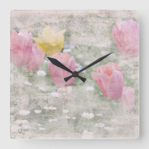 VINTAGE GRUNGE TULIPS SQUARE WALL CLOCK
