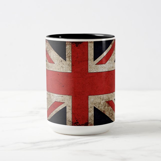 Vintage Grunge UK Flag Two-Tone Coffee Mug (Center)
