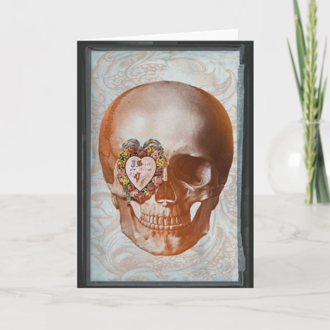 Vintage Grunge Valentine Skull Gothic Heart Holiday Card (Front)
