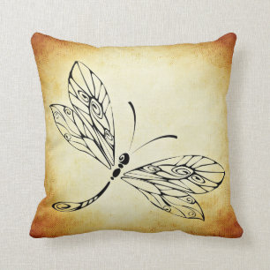 Vintage Grungy Abstract Dragonfly Line Art Cushion