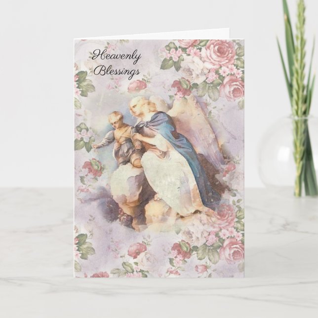 Vintage Guardian Angel  Baby Boy Pink Roses  Card (Front)